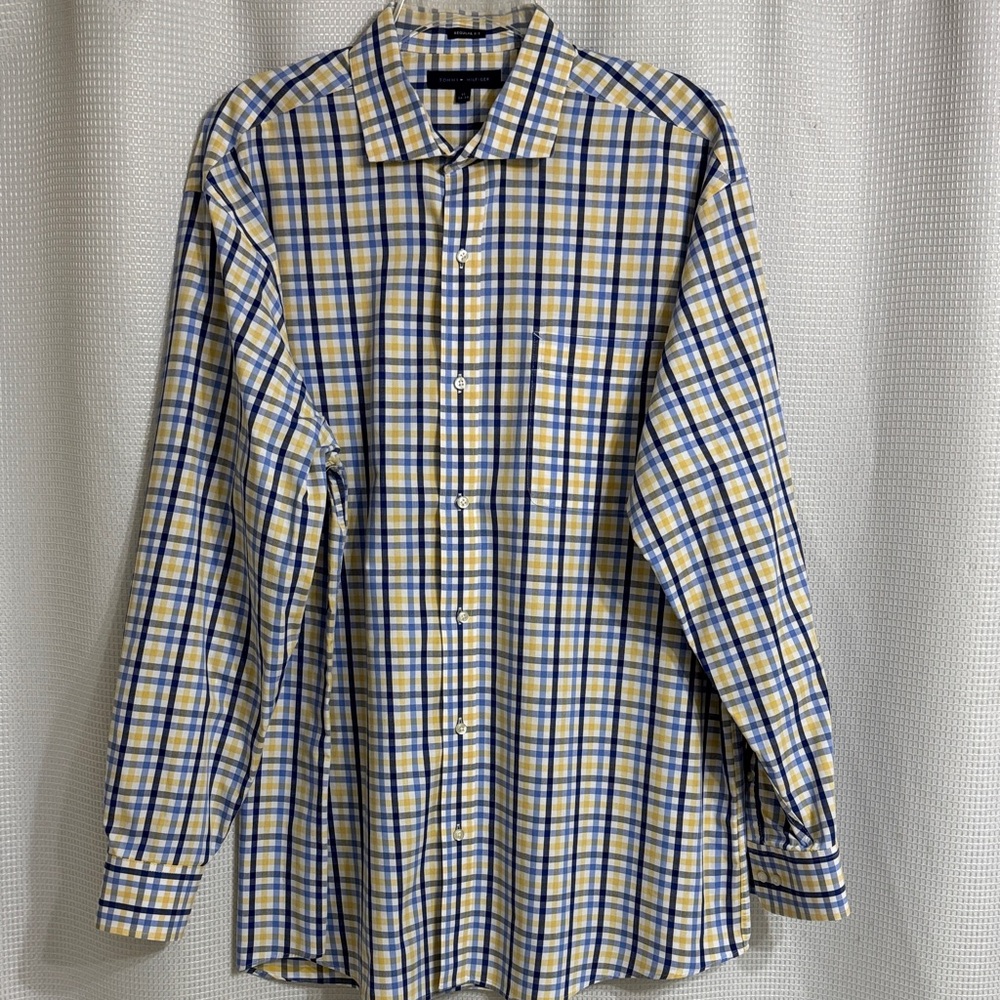Men's Tommy Hilfiger Blue and Yellow Plaid long sleeve Shirt. Size 17 34/35 - Picture 1 of 6
